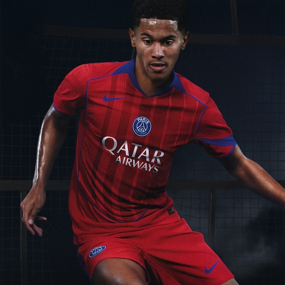 Third Kit 2025-26. Long requested by the fans, red makes a powerful comeback on a Paris Saint-Germain shirt. Inspired by the legendary T90, it revives its iconic bold cut lines and vibrant red, reimagined for 2025–2026.